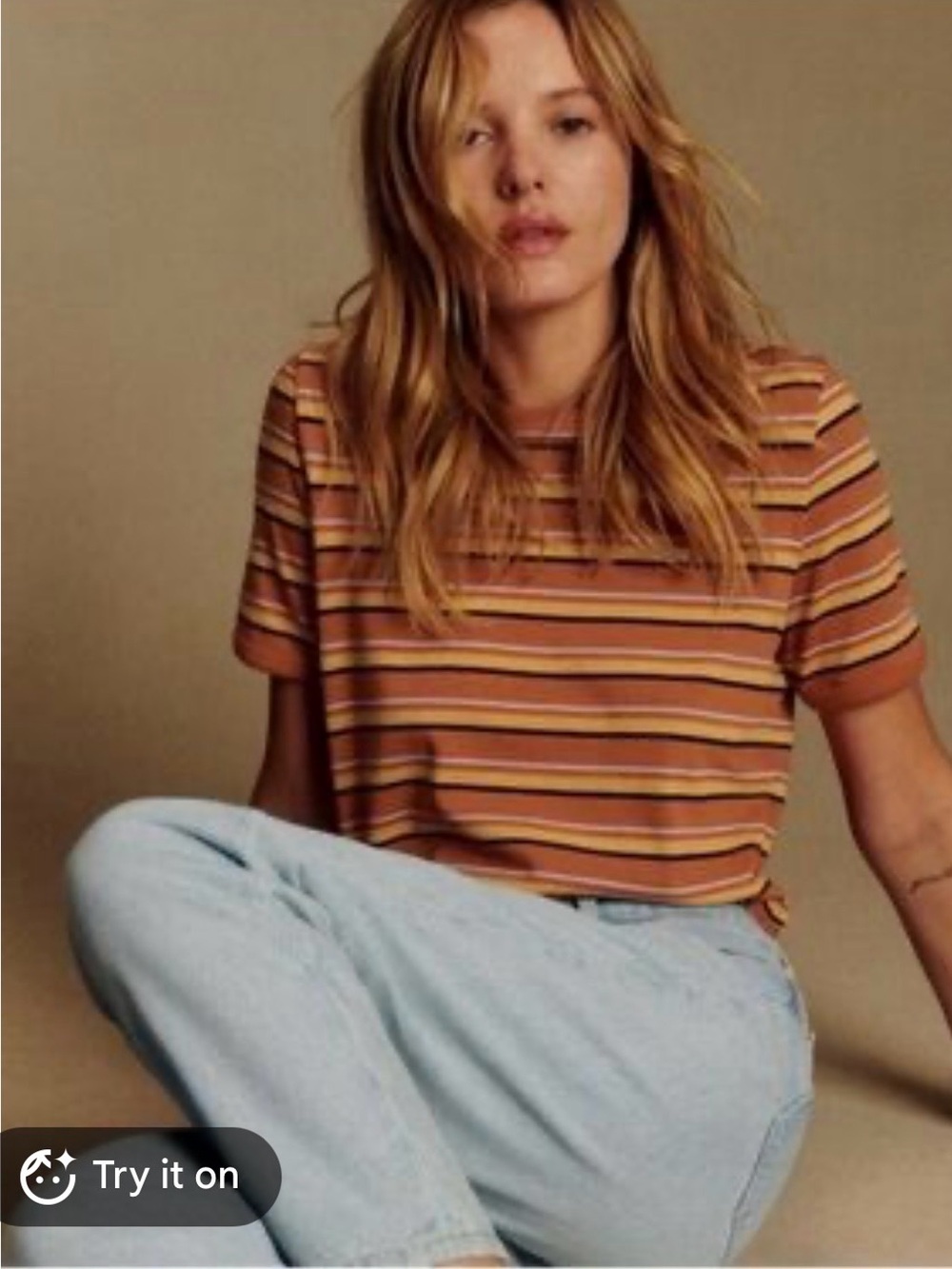 Sezane Striped Short-Sleeve Crewneck Top in Rust